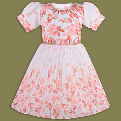 Girls Floral Print Bead Embellished Flared Party Dress fep3512