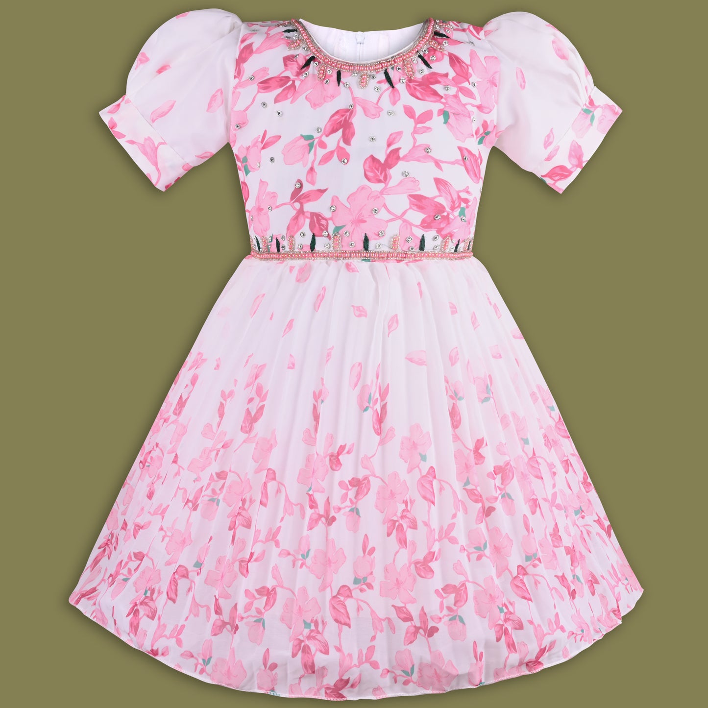 Girls Floral Print Bead Embellished Flared Party Dress fep3512