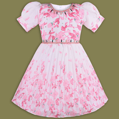Girls Floral Print Bead Embellished Flared Party Dress fep3512