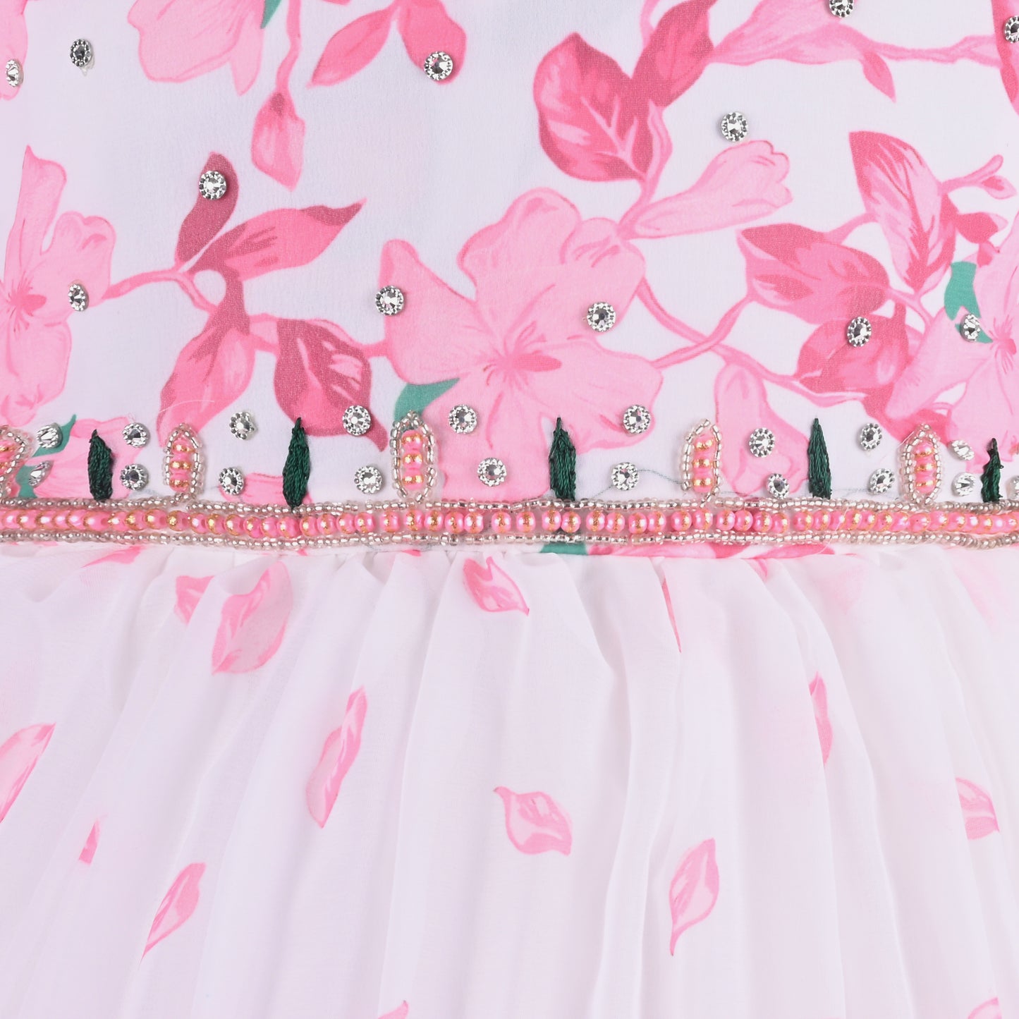 Girls Floral Print Bead Embellished Flared Party Dress fep3512