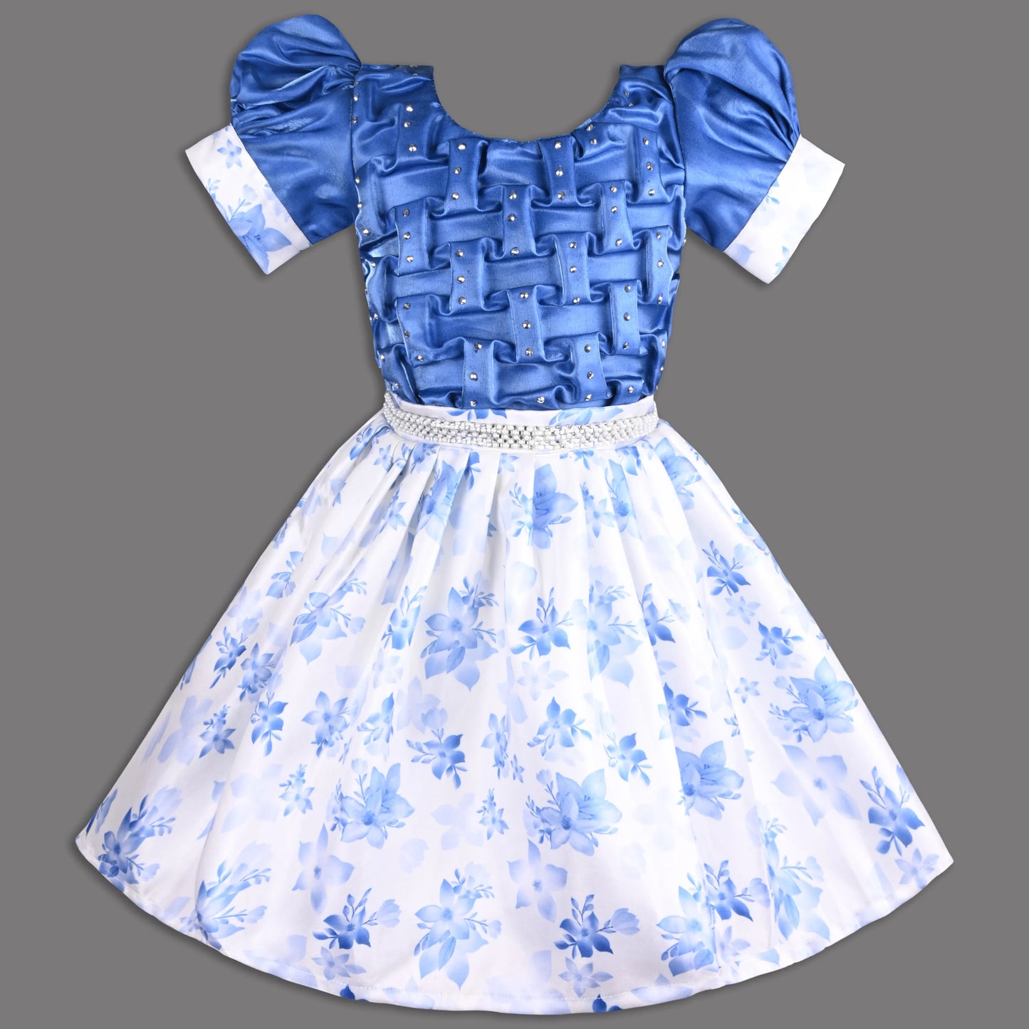 Girls Satin Party Dress with Smocked Bodice & Floral Skirt