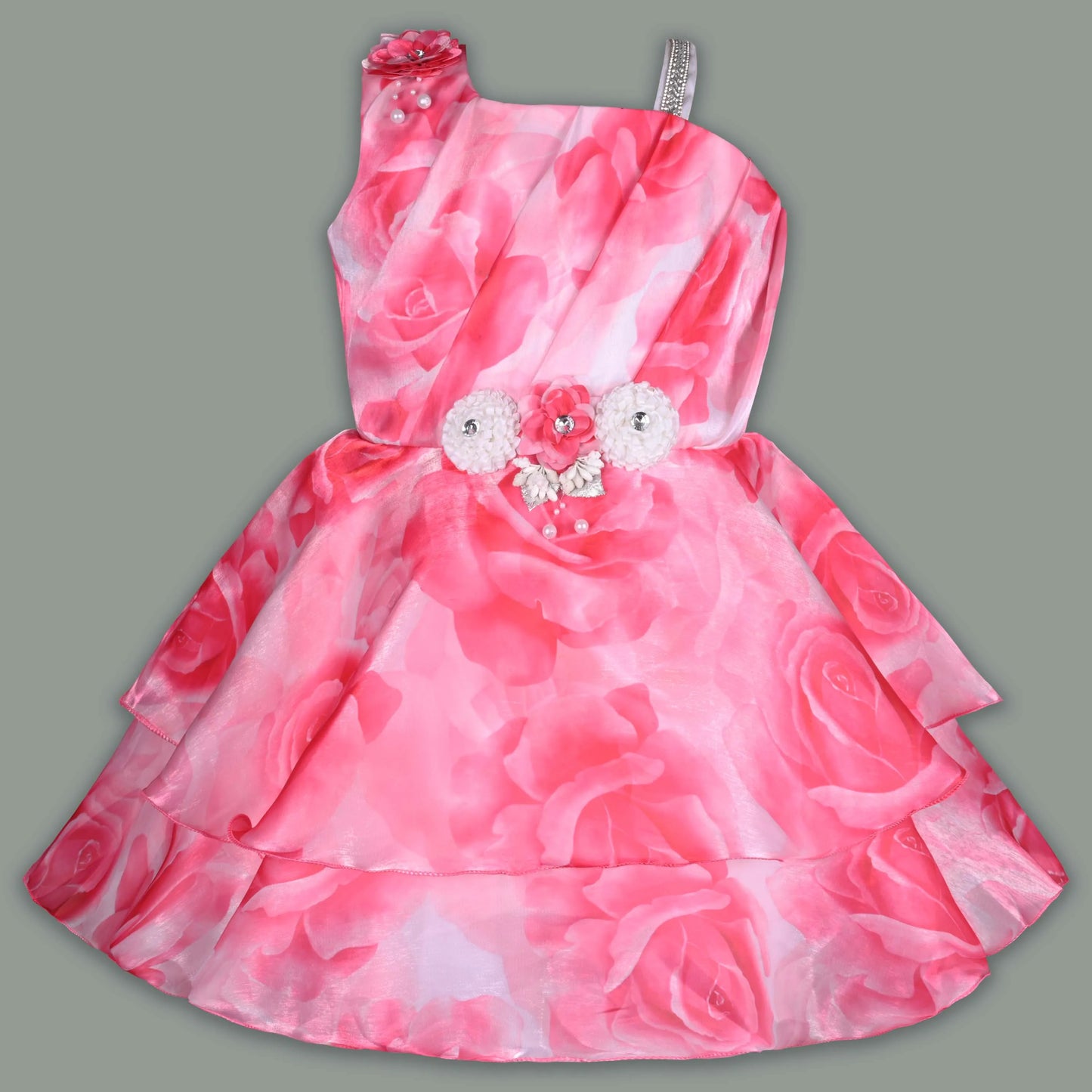 Girls Pink Floral Printed Satin Party Wear Dress with Layered Flare & Floral Waist Embellishment