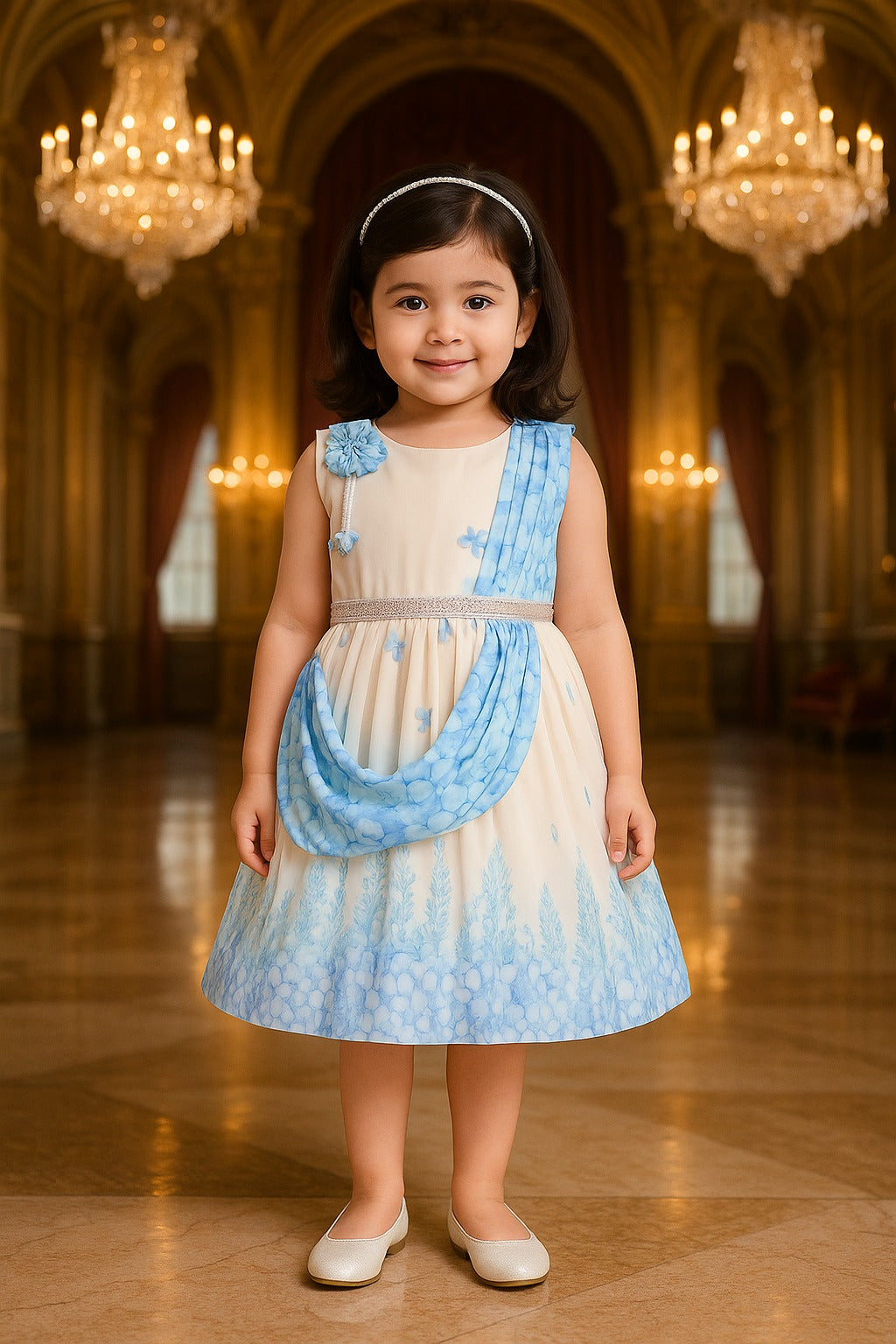 Girls Floral Party Dress with Attached Dupatta Style fep3531