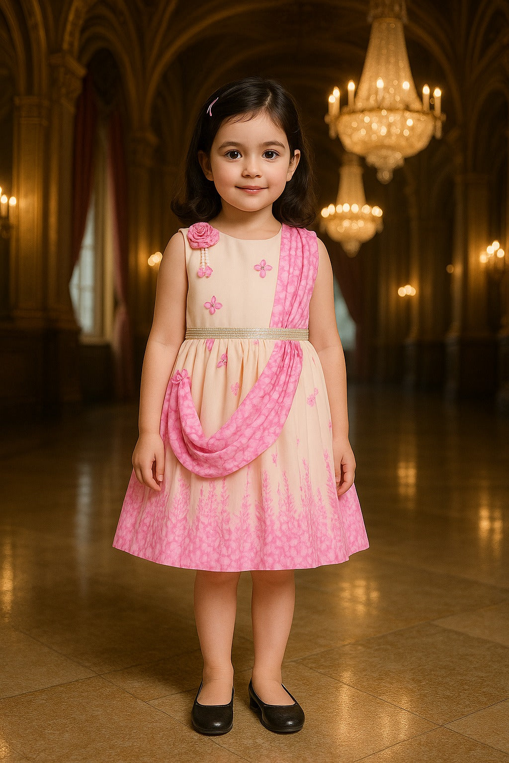 Girls Floral Party Dress with Attached Dupatta Style fep3531