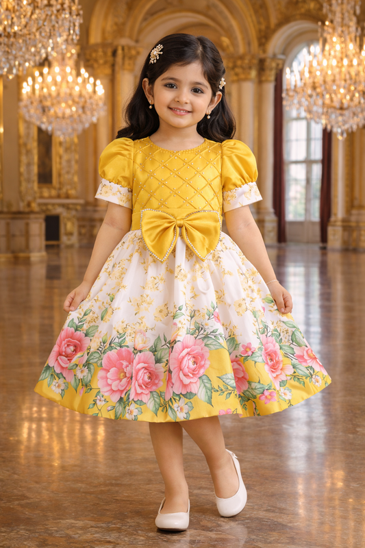 Girls Yellow Satin Party Dress with Floral Print & Bow Design fep3549