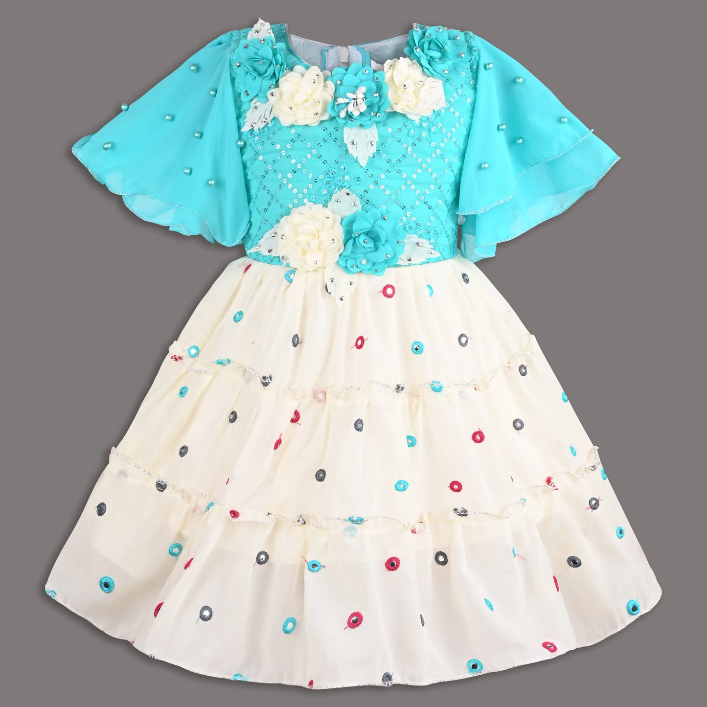 Girls Georgette Party Dress with Floral Appliqué & Layered Skirt