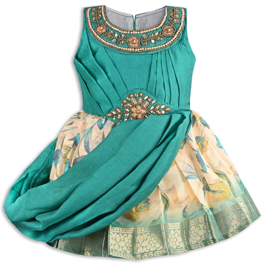 Girls Satin Party Dress with Embroidered Neck & Floral Print Skirt - Wish Karo - photo 1