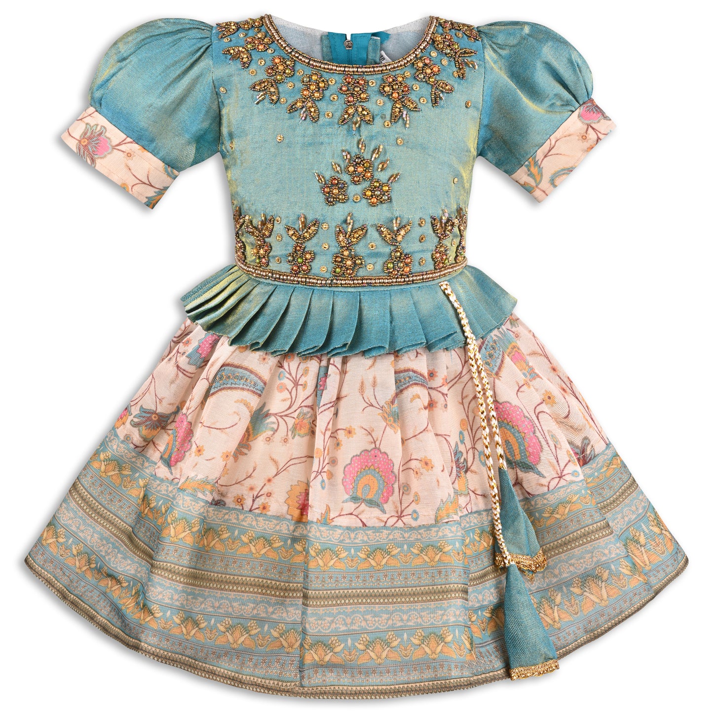 Girls Satin Ethnic Party Dress with Embroidery & Tassel Belt fep3586