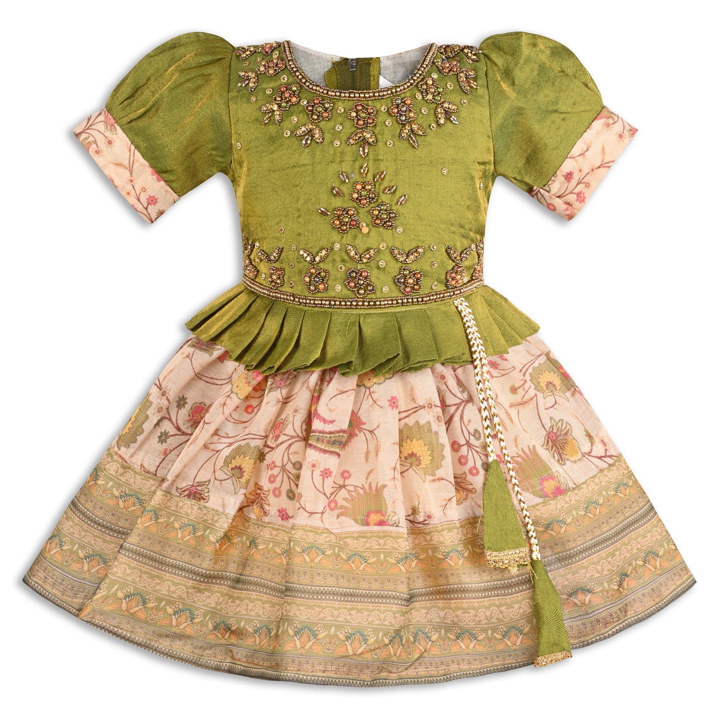 Girls Satin Ethnic Party Dress with Embroidery & Tassel Belt fep3586