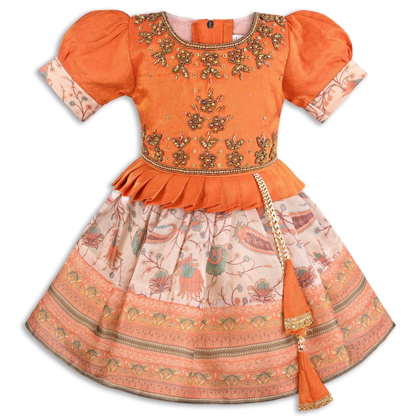 Girls Satin Ethnic Party Dress with Embroidery & Tassel Belt fep3586