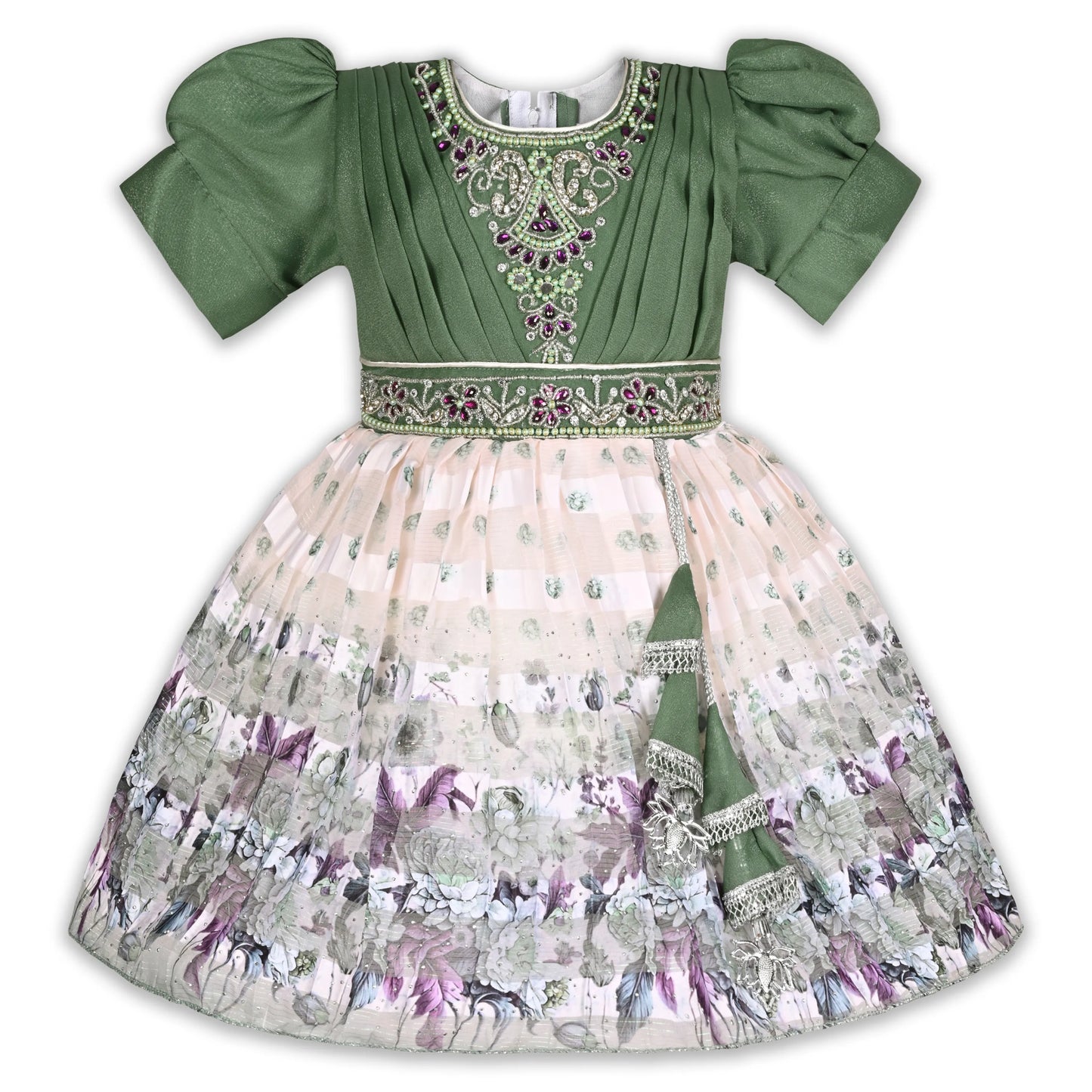 Girls Ethnic Party Wear Dress with Embroidered Bodice & Floral Chiffon Skirt