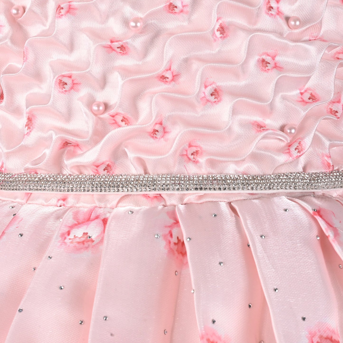Girls Party Wear Satin Dress with Textured Bodice & Peacock Print Skirt