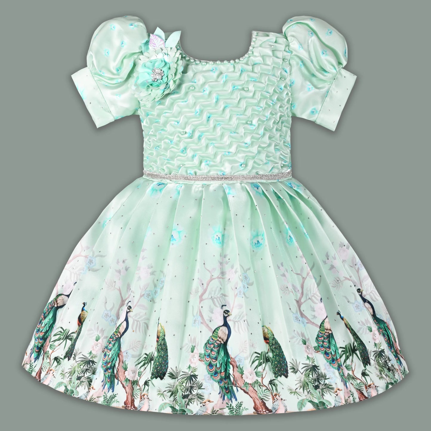 Girls Party Wear Satin Dress with Textured Bodice & Peacock Print Skirt