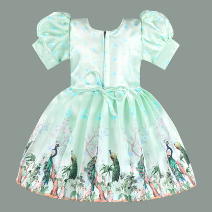 Girls Party Wear Satin Dress with Textured Bodice & Peacock Print Skirt