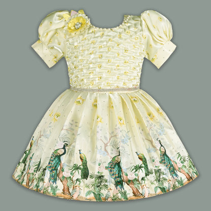 Girls Party Wear Satin Dress with Textured Bodice & Peacock Print Skirt