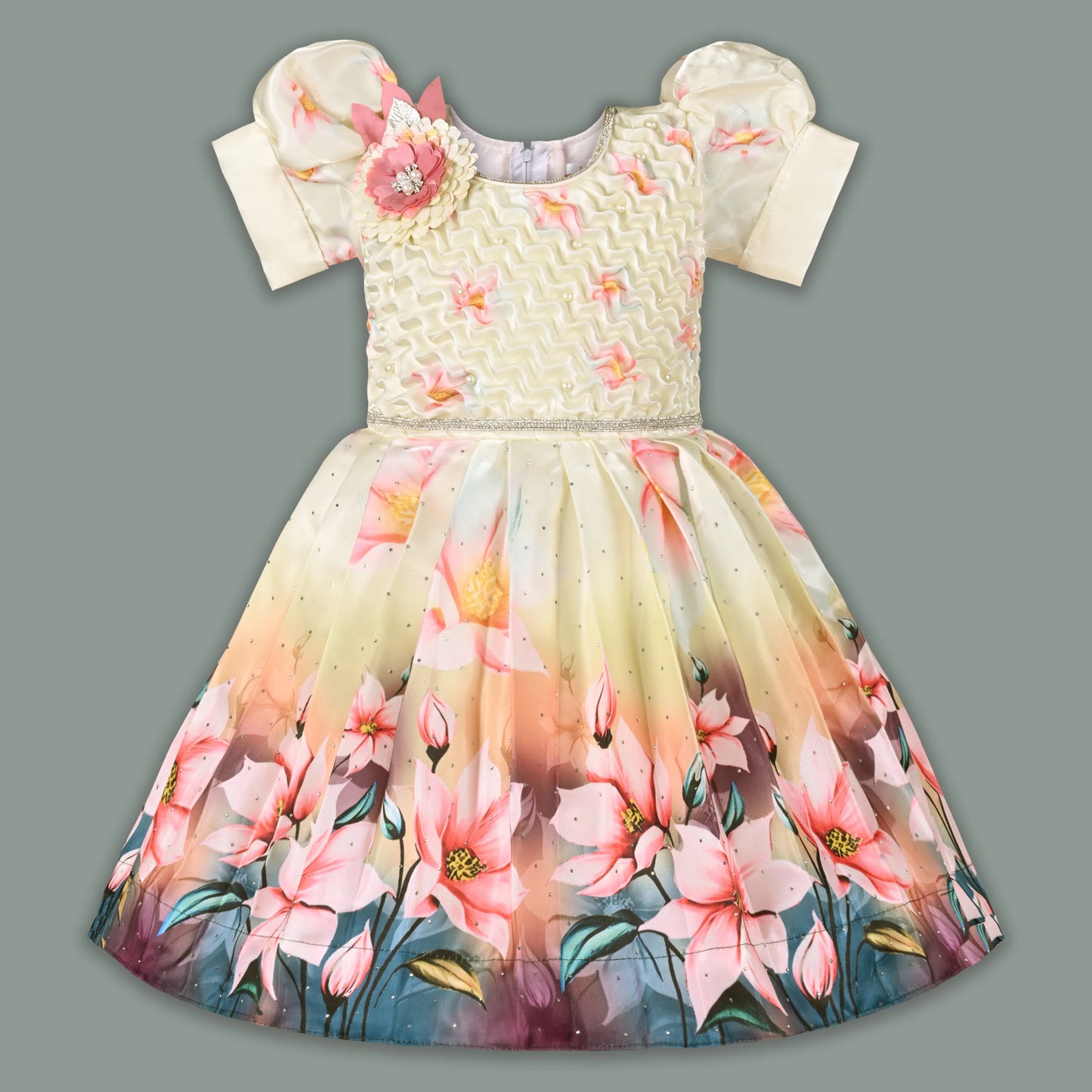 Elegant Kids Floral Party Dress – Satin Fabric | Puff Sleeves | Premium Occasion Wear fep3601