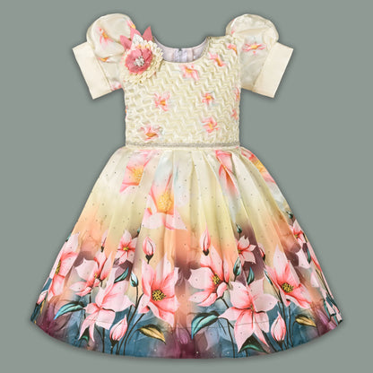 Elegant Kids Floral Party Dress – Satin Fabric | Puff Sleeves | Premium Occasion Wear fep3601