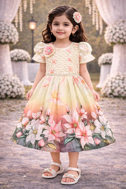 Elegant Kids Floral Party Dress – Satin Fabric | Puff Sleeves | Premium Occasion Wear fep3601