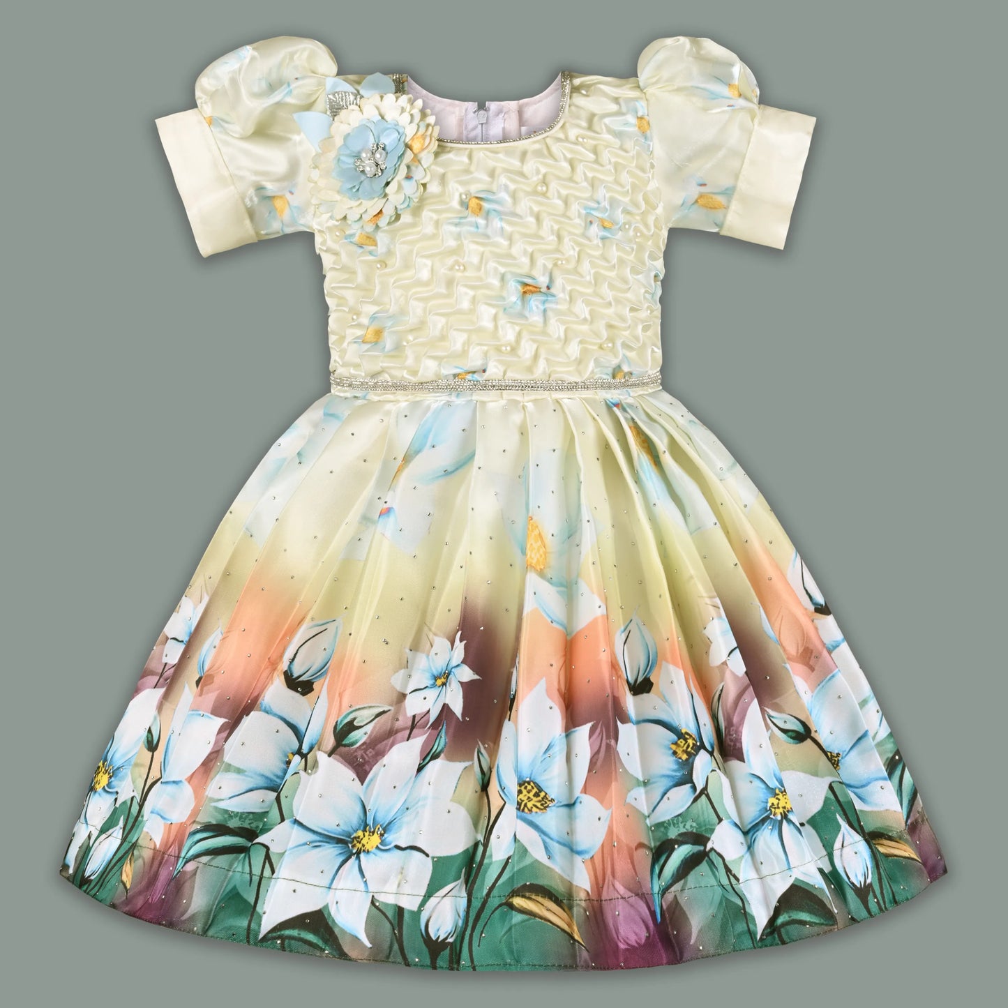 Elegant Kids Floral Party Dress – Satin Fabric | Puff Sleeves | Premium Occasion Wear fep3601
