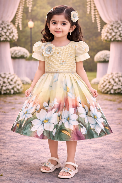 Elegant Kids Floral Party Dress – Satin Fabric | Puff Sleeves | Premium Occasion Wear fep3601