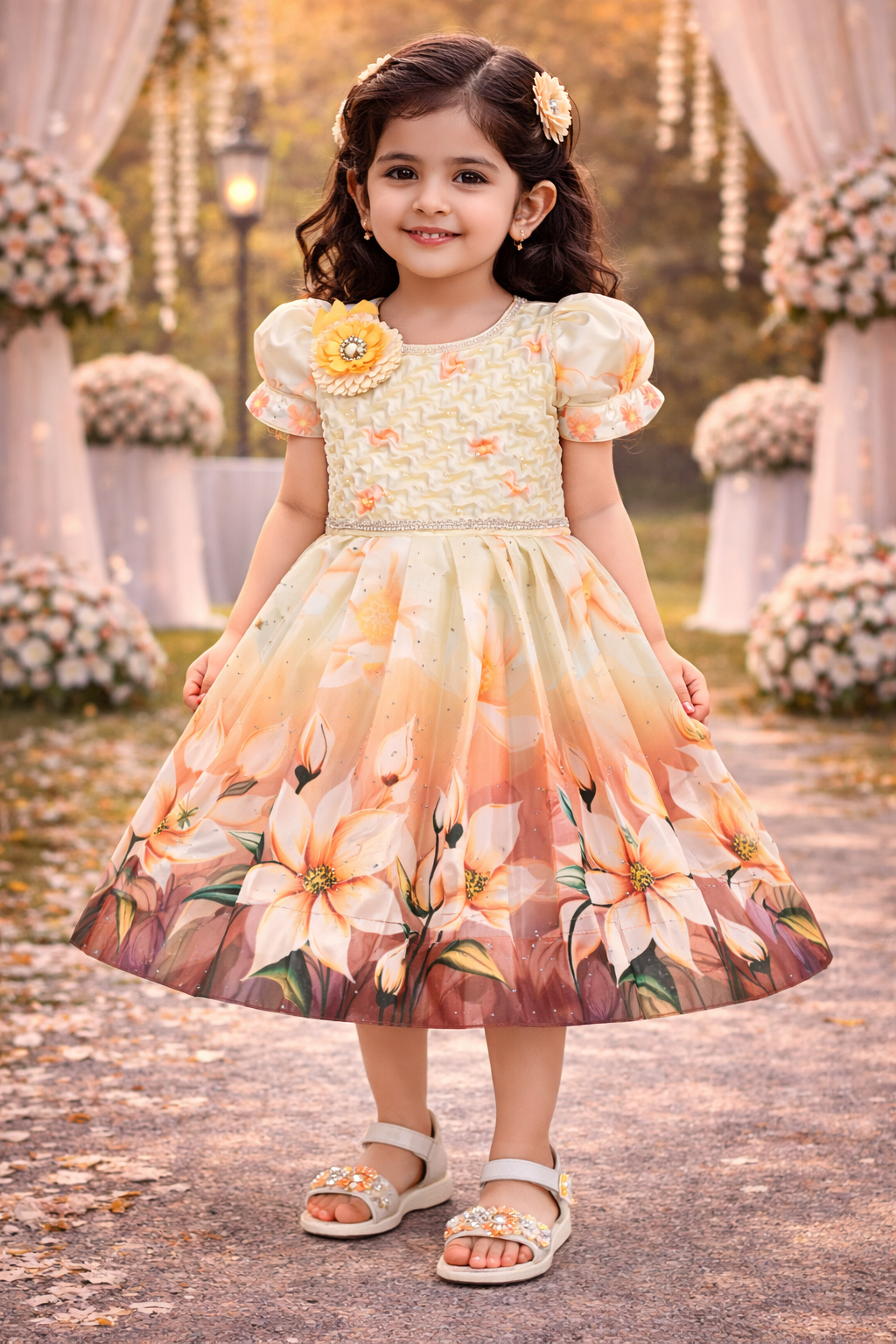 Elegant Kids Floral Party Dress – Satin Fabric | Puff Sleeves | Premium Occasion Wear fep3601