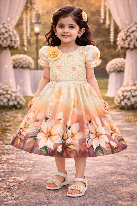 Elegant Kids Floral Party Dress – Satin Fabric | Puff Sleeves | Premium Occasion Wear fep3601