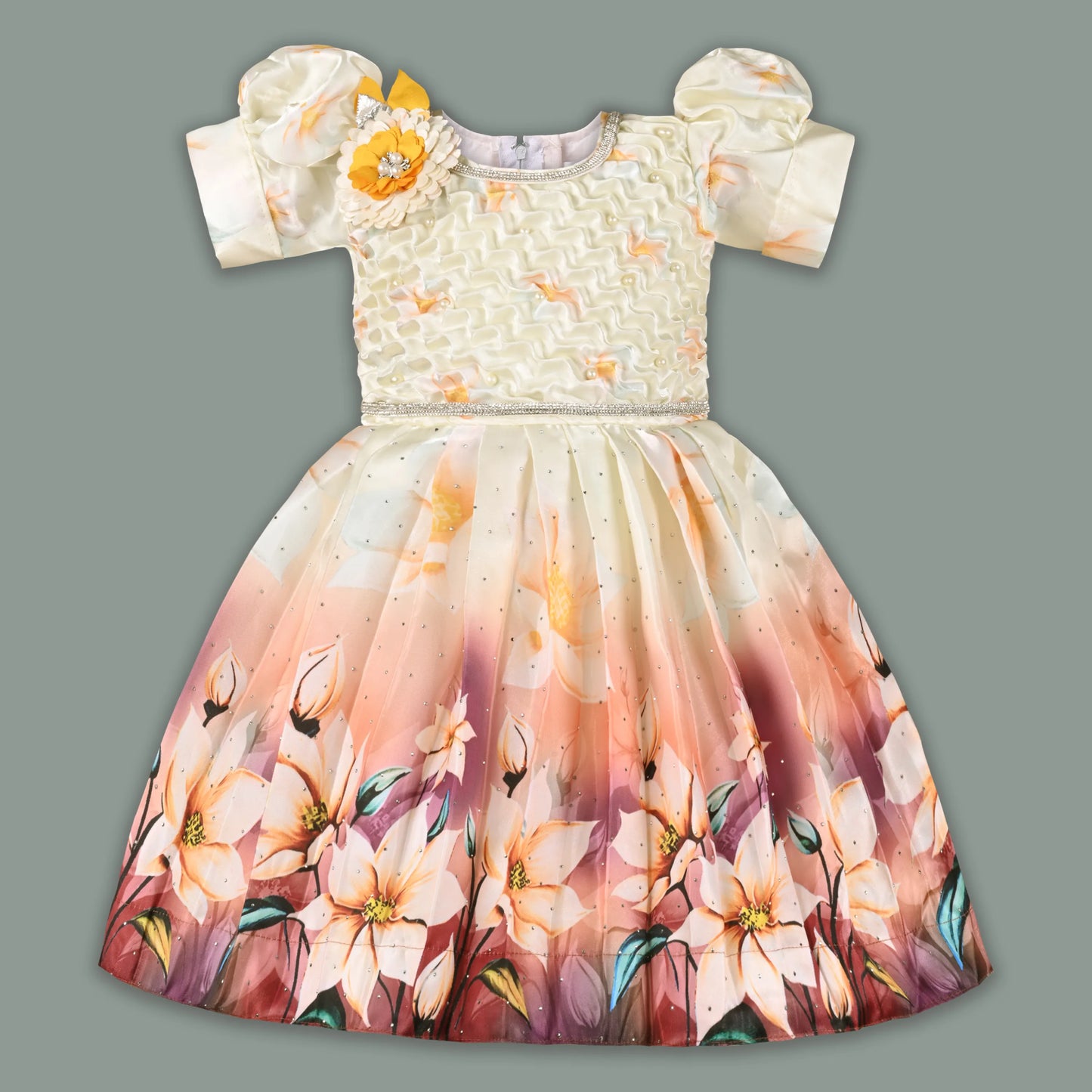 Elegant Kids Floral Party Dress – Satin Fabric | Puff Sleeves | Premium Occasion Wear fep3601