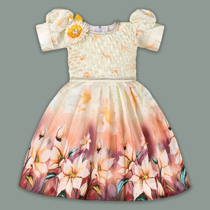 Elegant Kids Floral Party Dress – Satin Fabric | Puff Sleeves | Premium Occasion Wear fep3601