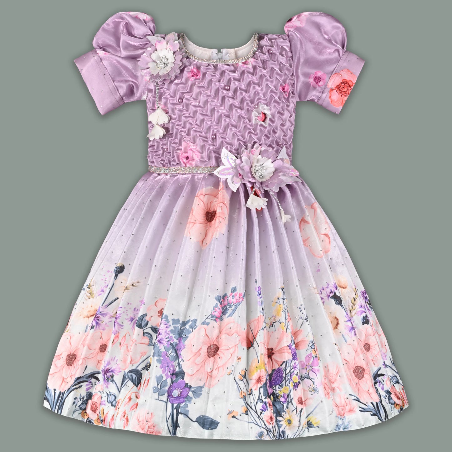 Girls Satin Floral Party Frock for Girls with Puff Sleeves