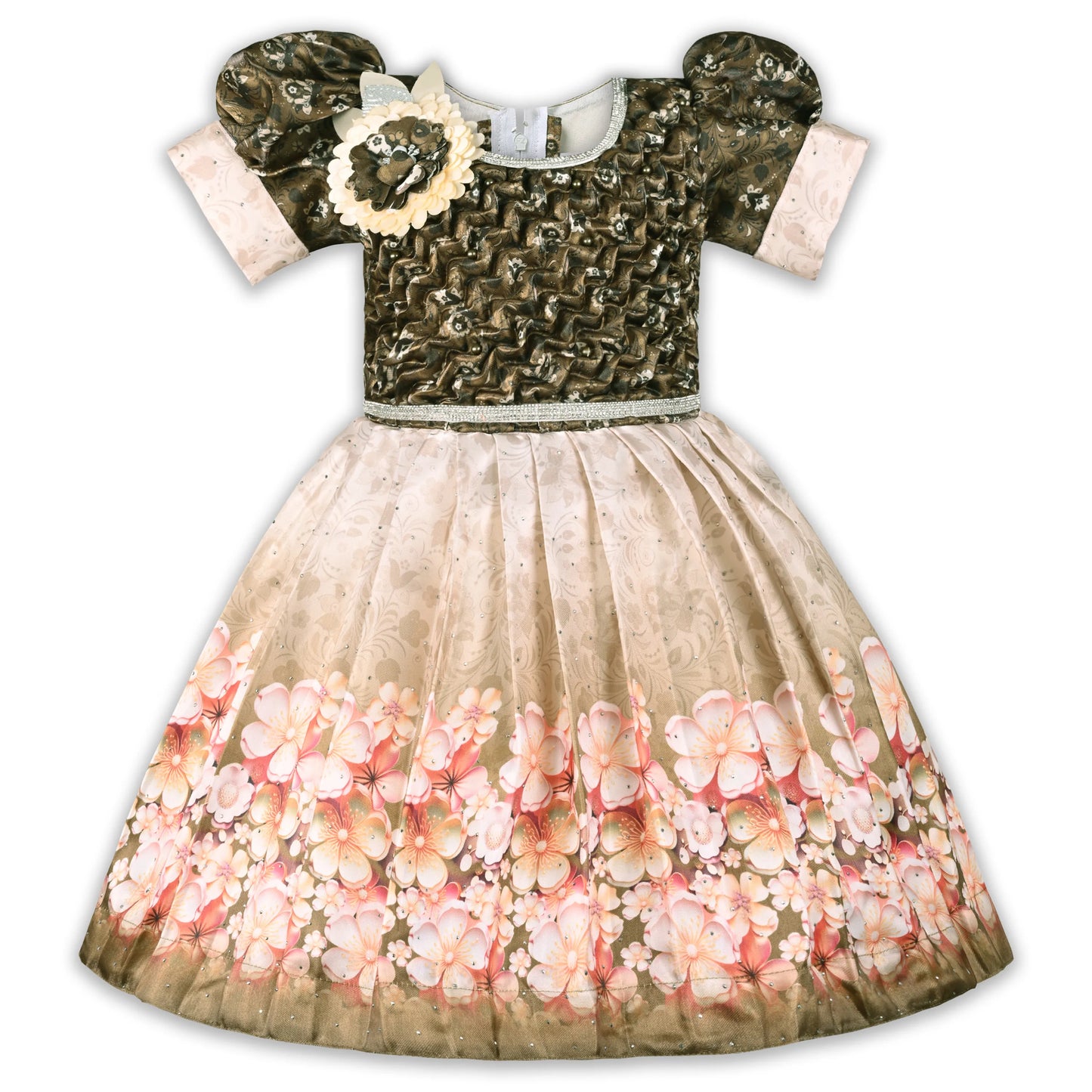 Elegant Kids Floral Party Dress – Satin Fabric | Puff Sleeves | Designer Occasion Wear fep3604