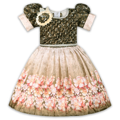 Elegant Kids Floral Party Dress – Satin Fabric | Puff Sleeves | Designer Occasion Wear fep3604