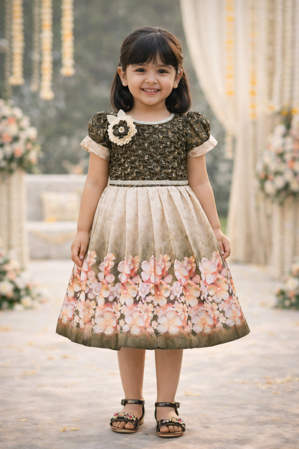 Elegant Kids Floral Party Dress – Satin Fabric | Puff Sleeves | Designer Occasion Wear fep3604