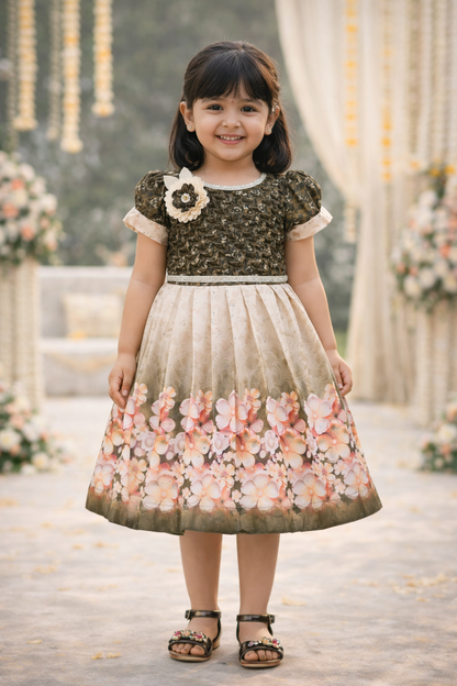 Elegant Kids Floral Party Dress – Satin Fabric | Puff Sleeves | Designer Occasion Wear fep3604