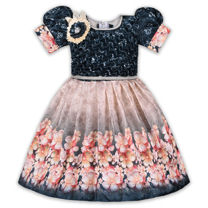 Elegant Kids Floral Party Dress – Satin Fabric | Puff Sleeves | Designer Occasion Wear fep3604