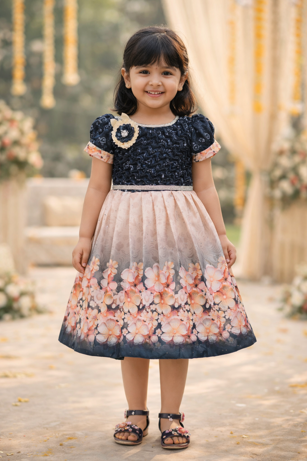 Elegant Kids Floral Party Dress – Satin Fabric | Puff Sleeves | Designer Occasion Wear fep3604