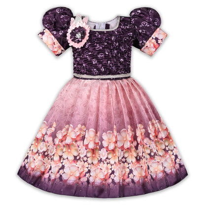 Elegant Kids Floral Party Dress – Satin Fabric | Puff Sleeves | Designer Occasion Wear fep3604