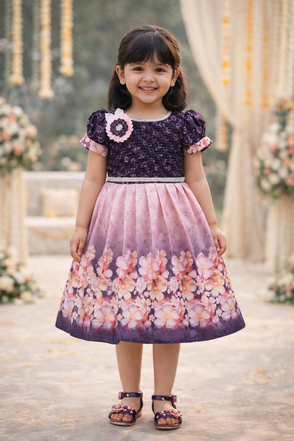 Elegant Kids Floral Party Dress – Satin Fabric | Puff Sleeves | Designer Occasion Wear fep3604