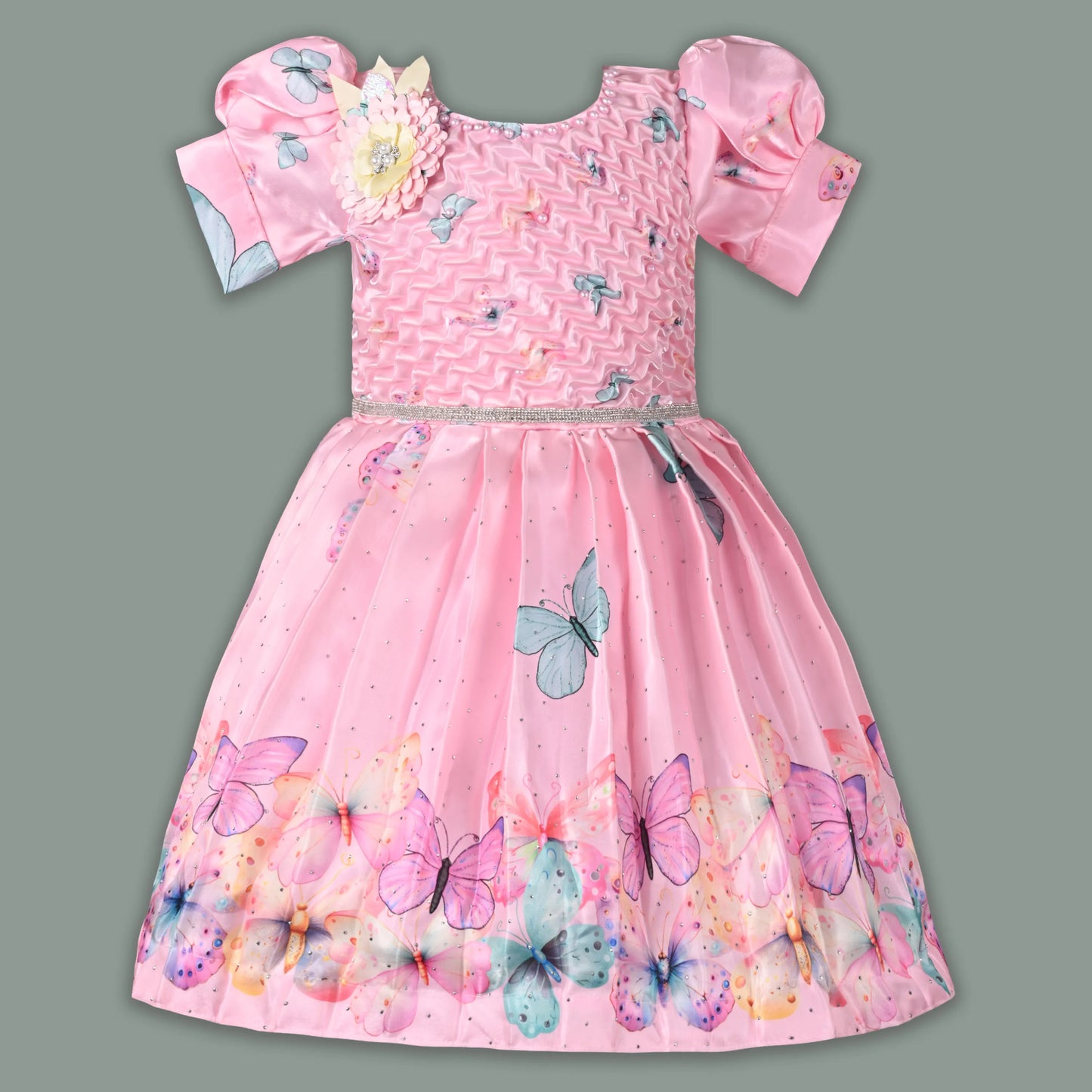 Elegant Kids Butterfly Party Dress – Satin Fabric | Puff Sleeves | Floral Applique Occasion Wear fep3606