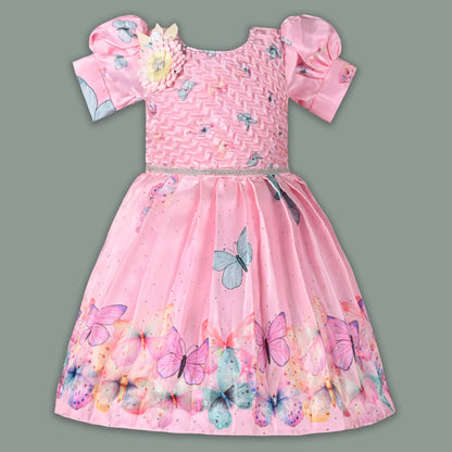 Elegant Kids Butterfly Party Dress – Satin Fabric | Puff Sleeves | Floral Applique Occasion Wear fep3606