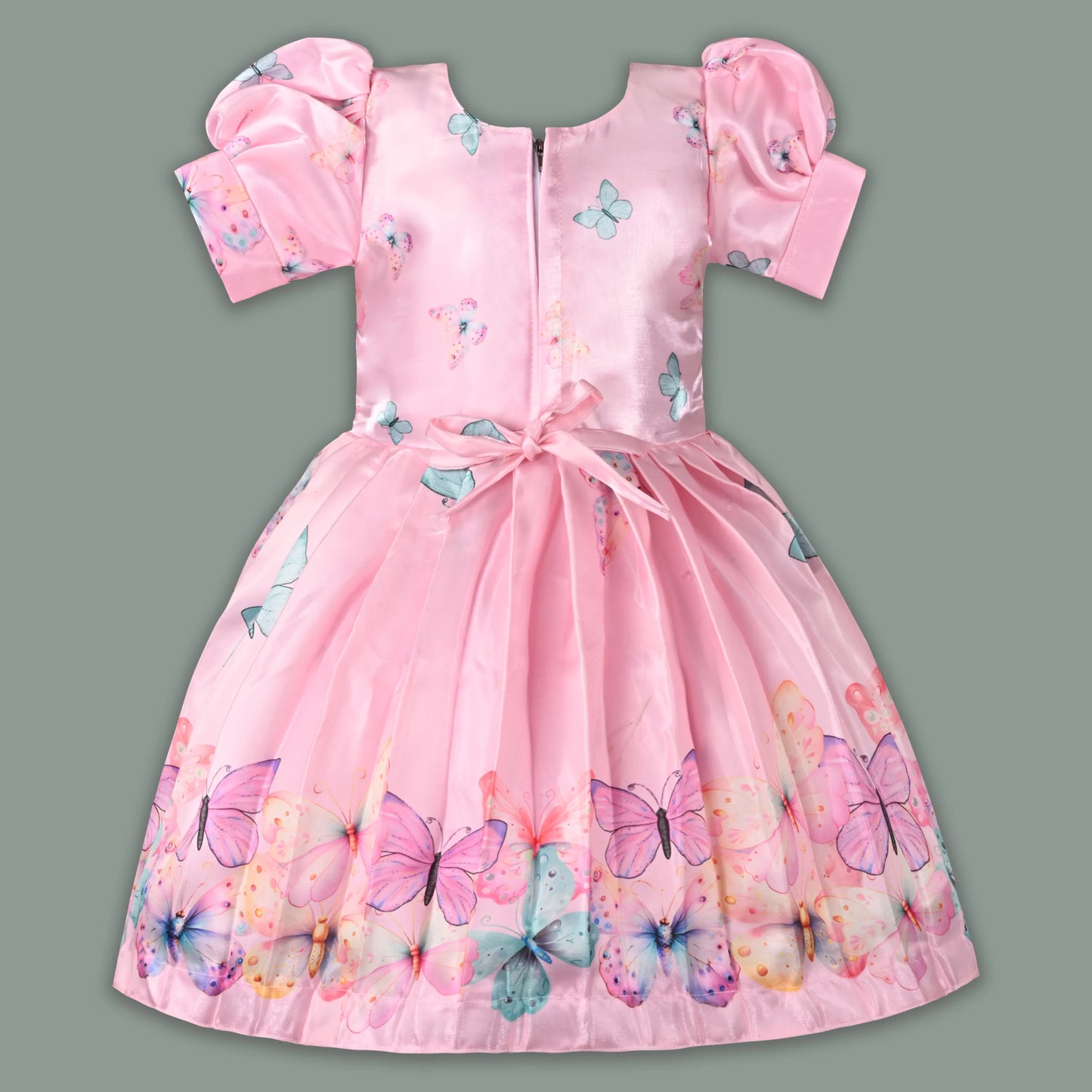 Elegant Kids Butterfly Party Dress – Satin Fabric | Puff Sleeves | Floral Applique Occasion Wear fep3606