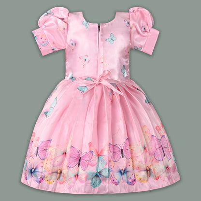 Elegant Kids Butterfly Party Dress – Satin Fabric | Puff Sleeves | Floral Applique Occasion Wear fep3606