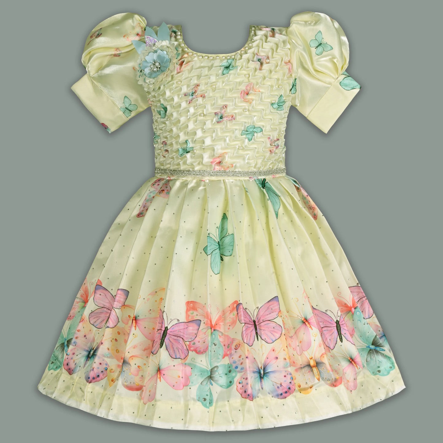 Elegant Kids Butterfly Party Dress – Satin Fabric | Puff Sleeves | Floral Applique Occasion Wear fep3606
