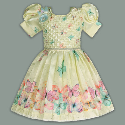 Elegant Kids Butterfly Party Dress – Satin Fabric | Puff Sleeves | Floral Applique Occasion Wear fep3606