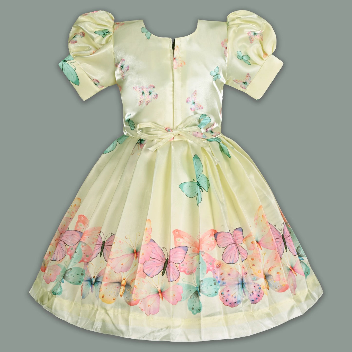 Elegant Kids Butterfly Party Dress – Satin Fabric | Puff Sleeves | Floral Applique Occasion Wear fep3606