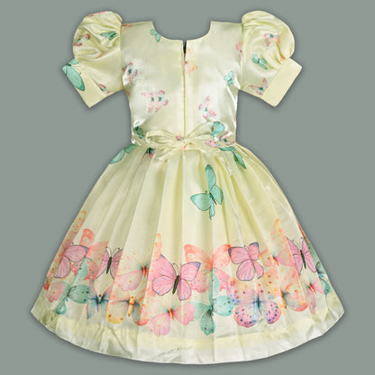 Elegant Kids Butterfly Party Dress – Satin Fabric | Puff Sleeves | Floral Applique Occasion Wear fep3606