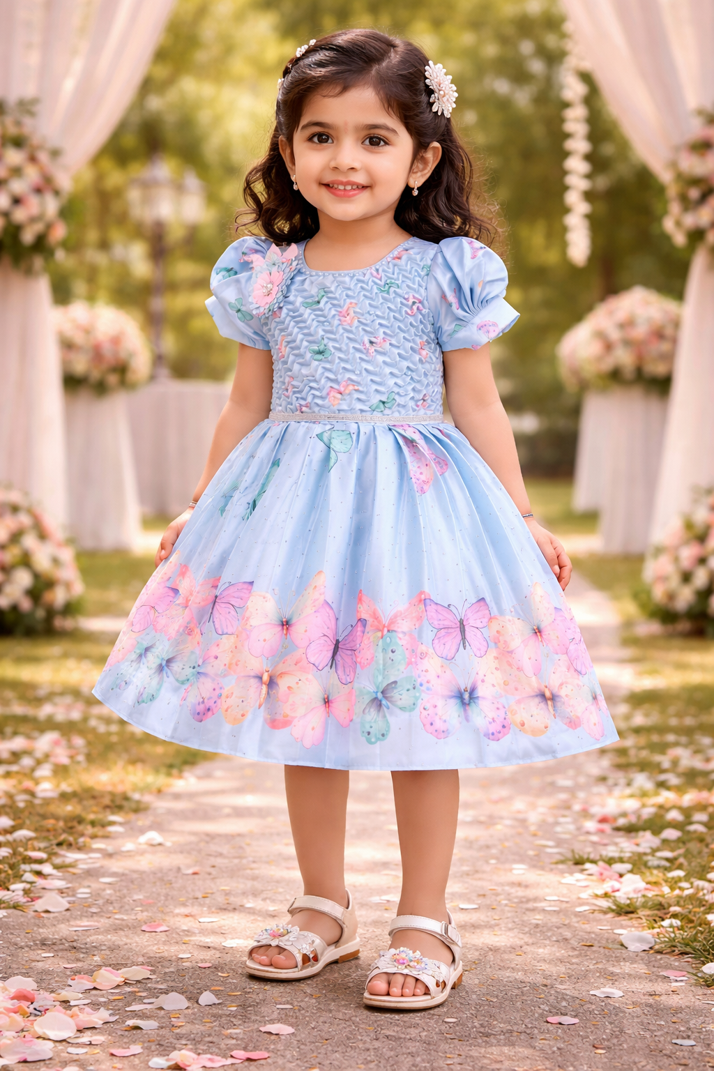 Elegant Kids Butterfly Party Dress – Satin Fabric | Puff Sleeves | Floral Applique Occasion Wear fep3606