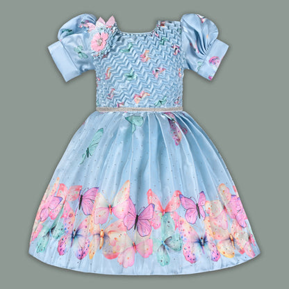 Elegant Kids Butterfly Party Dress – Satin Fabric | Puff Sleeves | Floral Applique Occasion Wear fep3606