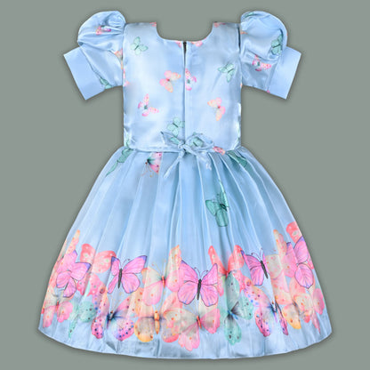 Elegant Kids Butterfly Party Dress – Satin Fabric | Puff Sleeves | Floral Applique Occasion Wear fep3606
