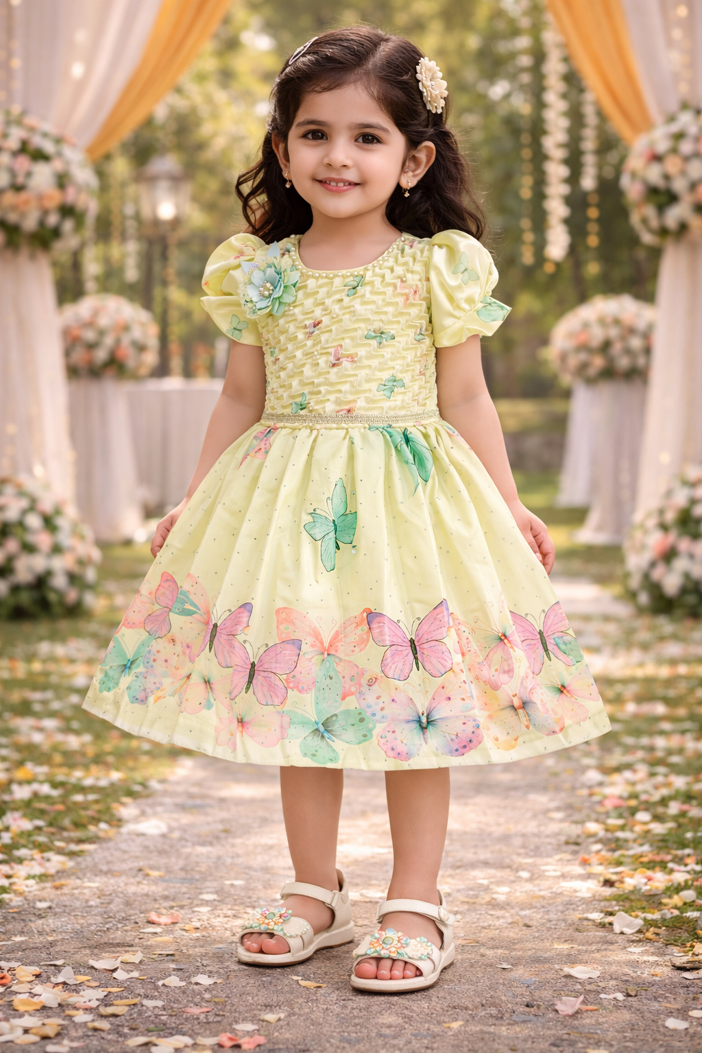 Elegant Kids Butterfly Party Dress – Satin Fabric | Puff Sleeves | Floral Applique Occasion Wear fep3606