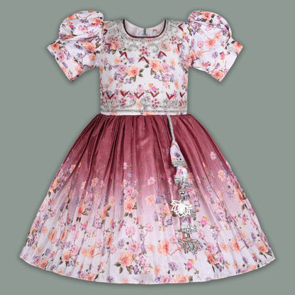 Elegant Kids Floral Party Dress – Art Silk Fabric | Embroidered Bodice | Puff Sleeves Occasion Wear Fep3507
